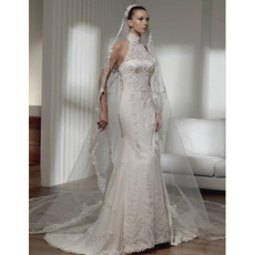 Mermaid High Neck Chapel Train Satin Lace Taffeta Organza Wedding Dress