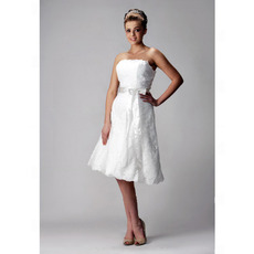 A-line Strapless Knee-length Sleeveless Satin Lace Wedding Dress