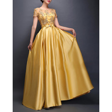 Elegant Floor Length Satin Evening/ Prom Dresses with Short Sleeves