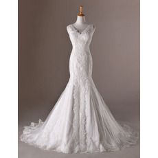 Elegant Trumpet V-Neck Chapel Train Taffeta Organza Wedding Dresses