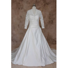 Vintage A-Line V-Neck Taffeta Wedding Dresses with Long Lace Sleeves