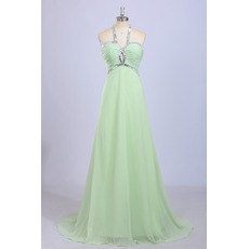 Inexpensive Halter Sleeveless Sweep Train Chiffon Evening Dresses