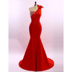 Discount Sheath One Shoulder Sweep Train Satin Evening Dresses