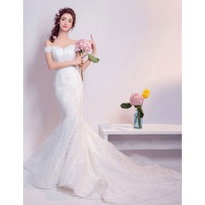 Inexpensive Mermaid Off-the-shoulder Long Lace Wedding Dresses