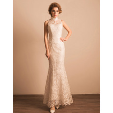 Custom Sheath Mandarin Collar Floor Length Lace Reception Wedding Dress