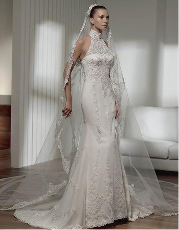 Mermaid High Neck Chapel Train Satin Lace Taffeta Organza Wedding Dress