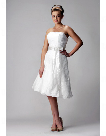 A-line Strapless Knee-length Sleeveless Satin Lace Wedding Dress