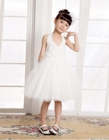 A-Line Halter Knee Length Satin Flower Girl Dresses