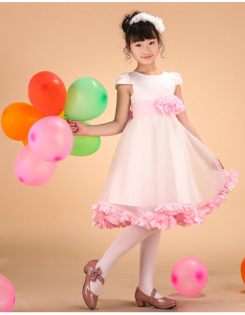 Affordable A-Line Short Satin First Communion Dresses with Cap Sleeves