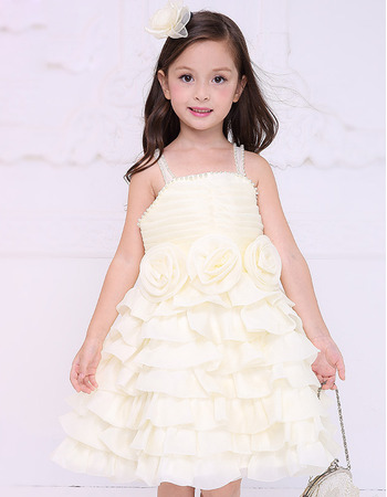 Inexpensive Straps Short Satin Layered Skirt Flower Girl Dresses