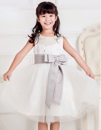 Custom Ball Gown Short Beading First Communion Dresses with Bow Sashes