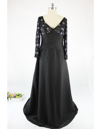 Affordable V-Neck Long Satin Black Mother Dresses with Long Sleeves