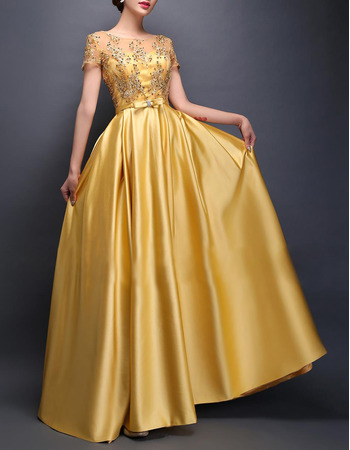 Elegant Floor Length Satin Evening/ Prom Dresses with Short Sleeves