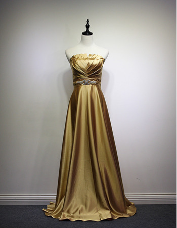 Elegant A-Line Strapless Sweep Train Satin Evening/ Prom Dresses