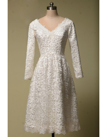 Inexpensive V-Neck Tea Length Lace Homecoming Dress with Long Sleeves