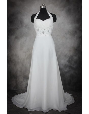 Elegant A-Line Halter Sleeveless Court Train Chiffon Wedding Dresses