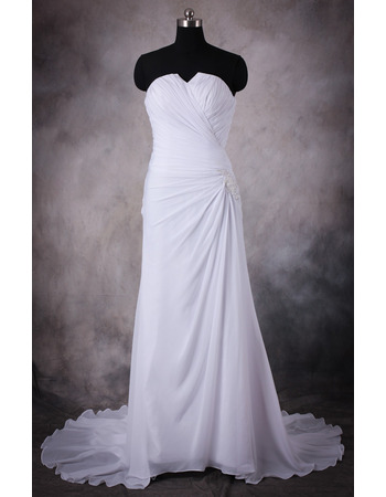 Affordable Sheath Strapless Sweep Train Chiffon Wedding Dresses