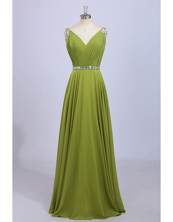 Inexpensive V-Neck Floor Length Chiffon Pleated Bodice Evening Dresses