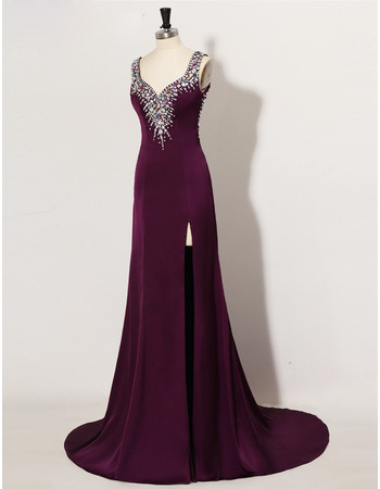 Sexy Sheath Sweetheart Satin Rhinestone Side-Vent Evening Dresses