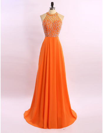 New Halter Sleeveless Floor Chiffon Beading Evening Dresses