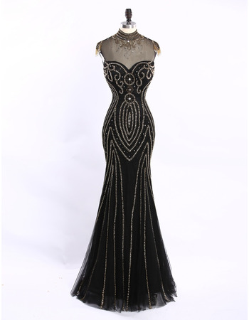 Custom Sheath Sweetheart Long Tulle Black Beading Evening Dresses