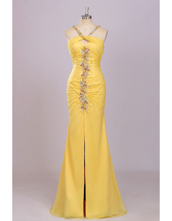 Sheath Halter Floor Length Chiffon Backless Evening Dresses