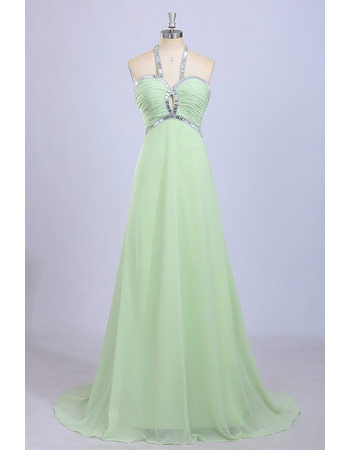 Inexpensive Halter Sleeveless Sweep Train Chiffon Evening Dresses