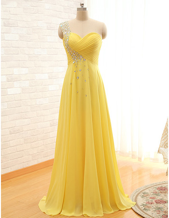 Inexpensive One Shoulder Sweetheart Floor Length Chiffon Evening Dress