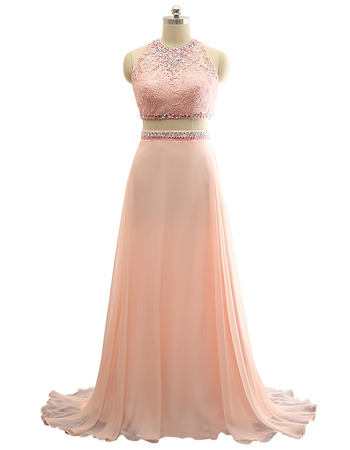 Custom Sleeveless Sweep Train Chiffon Two-Piece Evening Dresses