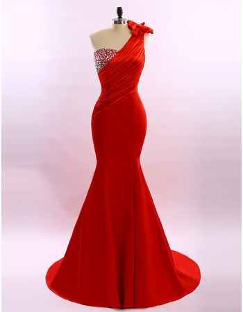 Discount Sheath One Shoulder Sweep Train Satin Evening Dresses