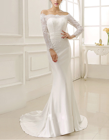 A Line Off The Shoulder Satin Long Wedding Dress With Lace Pockets Wedding Dresses 199 99 Simple Dress Com