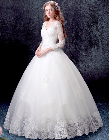 Custom Ball Gown V-Neck Floor Length Wedding Dresses with Long Sleeves ...