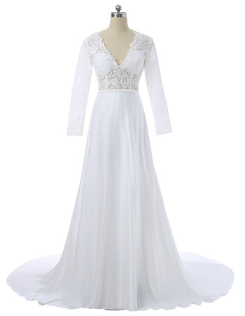 Affordable V-Neck Satin Wedding Dresses with Long Lace Sleeves - US ...