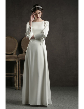 Elegant Satin Floor Length Reception Wedding Dress with Long Sleeves ...