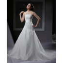 Elegant A-Line Strapless Chapel Train Satin Tulle Applique Wedding Dresses