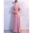 Long Chiffon Evening Dresses with 3/4 Long Sleeves