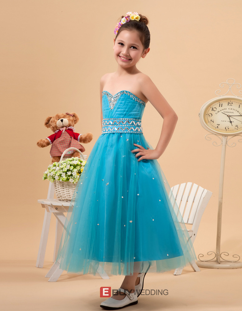 Custom Sweetheart Tea Length Satin Tulle Little Girls Party Dresses ...